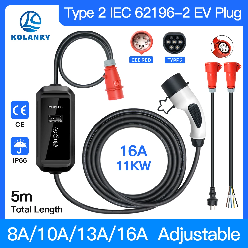 

16A 3P 11KW Portable EV Charger Type 2 IEC-62169 EU Standard Plug Charging Wallbox For Eletric Vehicle PHEV Hybrid Cars Cable 5M