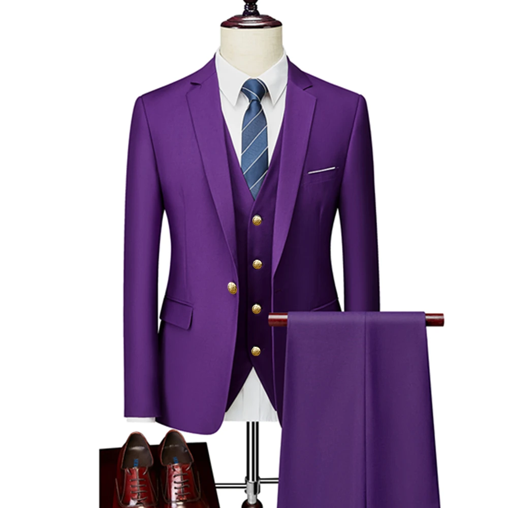 Men's Leisure Boutique Solid Color Slim Fit Suit Pants 3 Pcs Set Male Casual Dress Blazers Jacket Trousers Vest