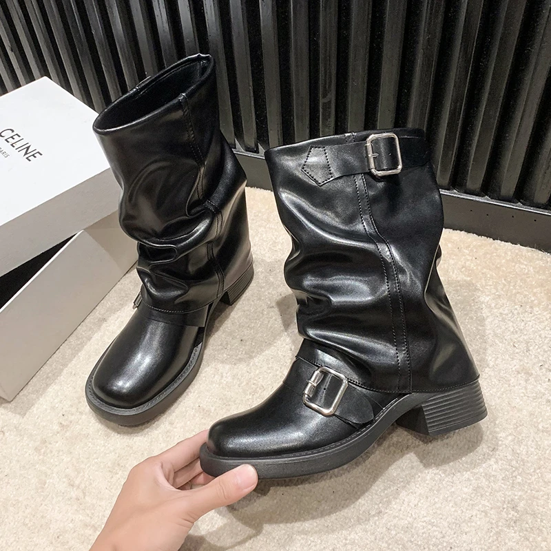 New Winter Boots for Women Medium Heel Thick Chelsea Boots Brand 2024 Pleated Ankle Boots High Heels Gladiator Motorcycle