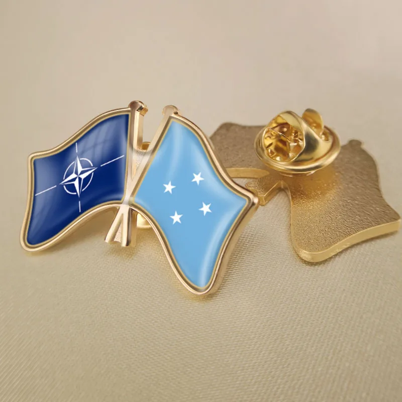 

North Atlantic Treaty Organization NATO and Micronesia Crossed Double Friendship Flags Lapel Pins Brooch Badges