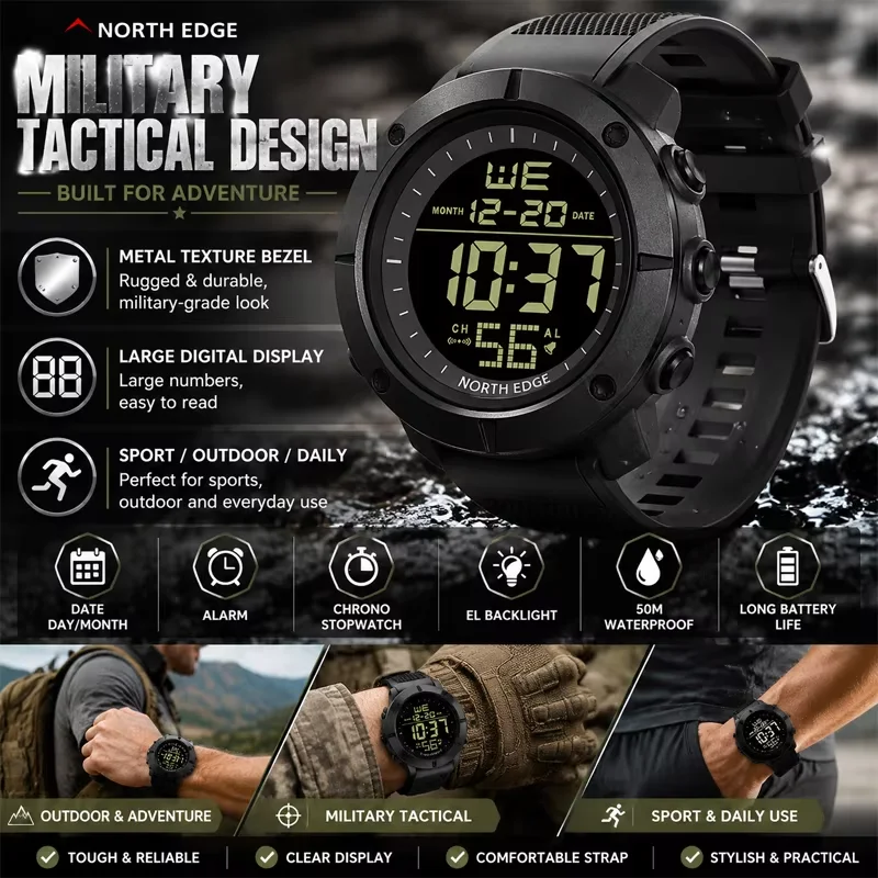 NORTH EDGE TANK Outdoor Men's Waterproof Watch with Alarm and EL Backlight Silicone Band
