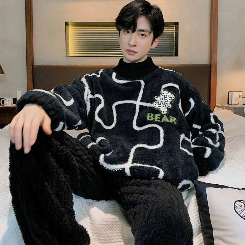 Men Pajamas Autumn Winter Coral Fleece Thickened Fleece-lined Warm Loungewear Suit Teenagers Round Neck Casual Nightclothes Sets