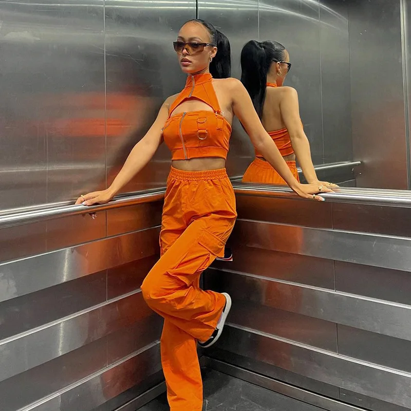 Puloru Orange Baggy Cargo Pants Women Casual High Elasitc Waist Straight-Leg Trousers with Side Pockets Streetwear Sweatpants 5