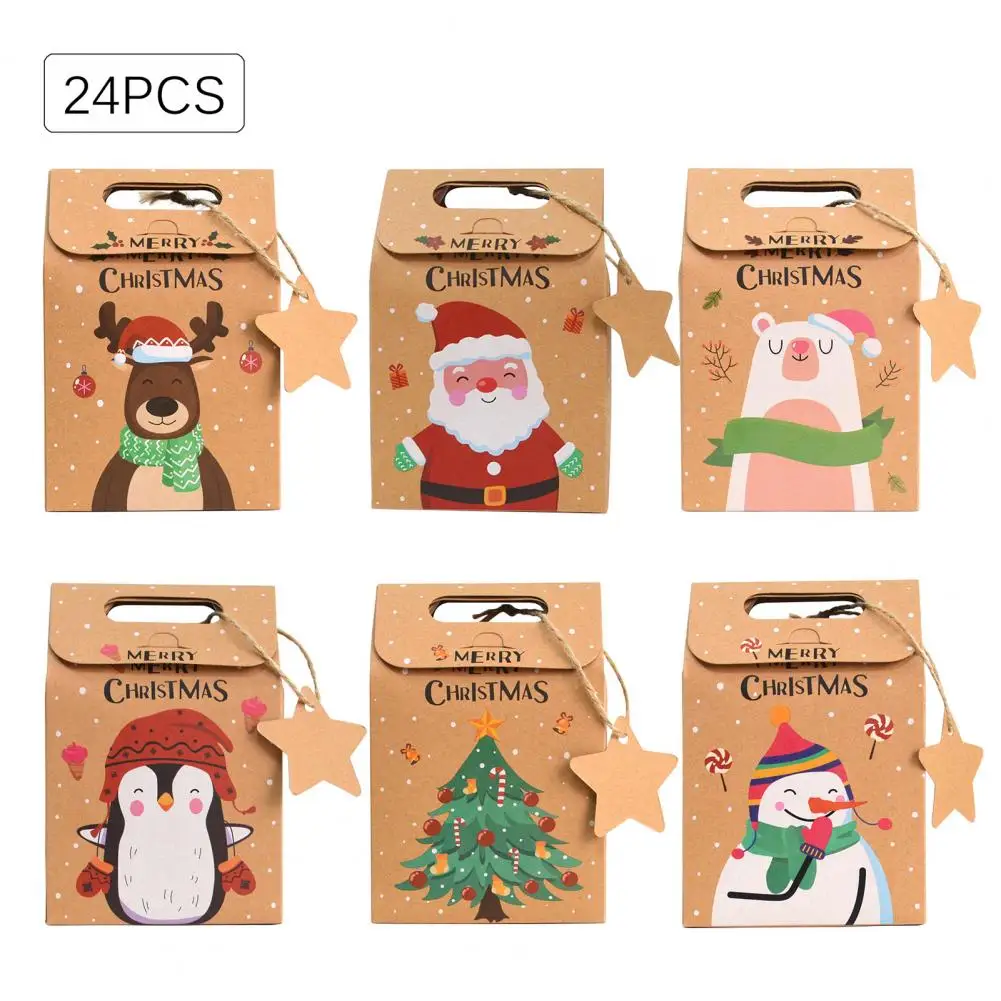 

24Pcs Merry Christmas Candy Gift Box with Tag Santa Claus Candy Cookie Treat Box Wrapping Paper Bag 2023 Xmas Party Home Decor