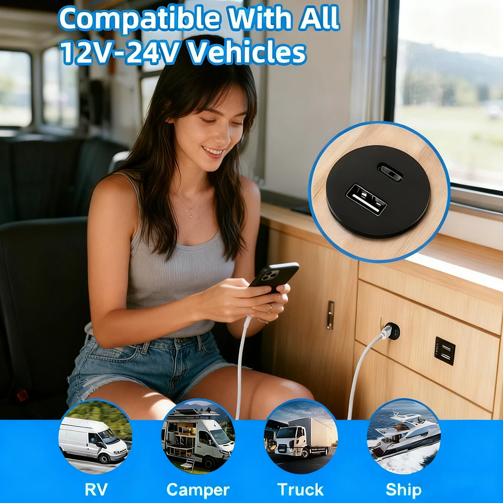 12V/24V USB 아울렛 PD 타입-C 3.1A 차량용 충전기 방수 USB-A & USB-C 포트 소켓 시가 라이터 교체용 RV 캠퍼용