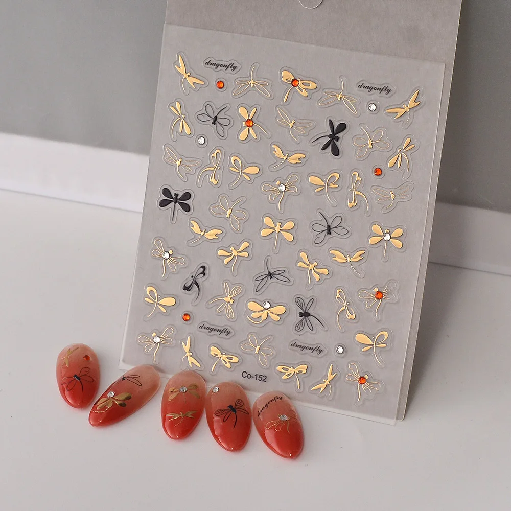 Luxury Series Dragonfly Golden Rhinestones Unique 5D Nail Stickers Back Glue Nail Sliders 3