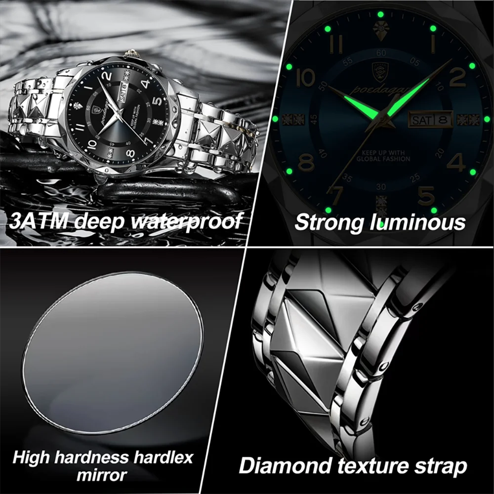 POEDAGAR Fashion Men's Watches Big Arabic Numerals Dial Male Wristwatch Waterproof Luminous Date Week Original Quartz Watch Man 5