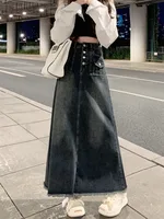 Elegant Hong Kong Style High Waist Raw Hem Denim Skirt Fashion Vintage A-Line Midi Indie Design Comfortable Long Denim Skirt - Image 3