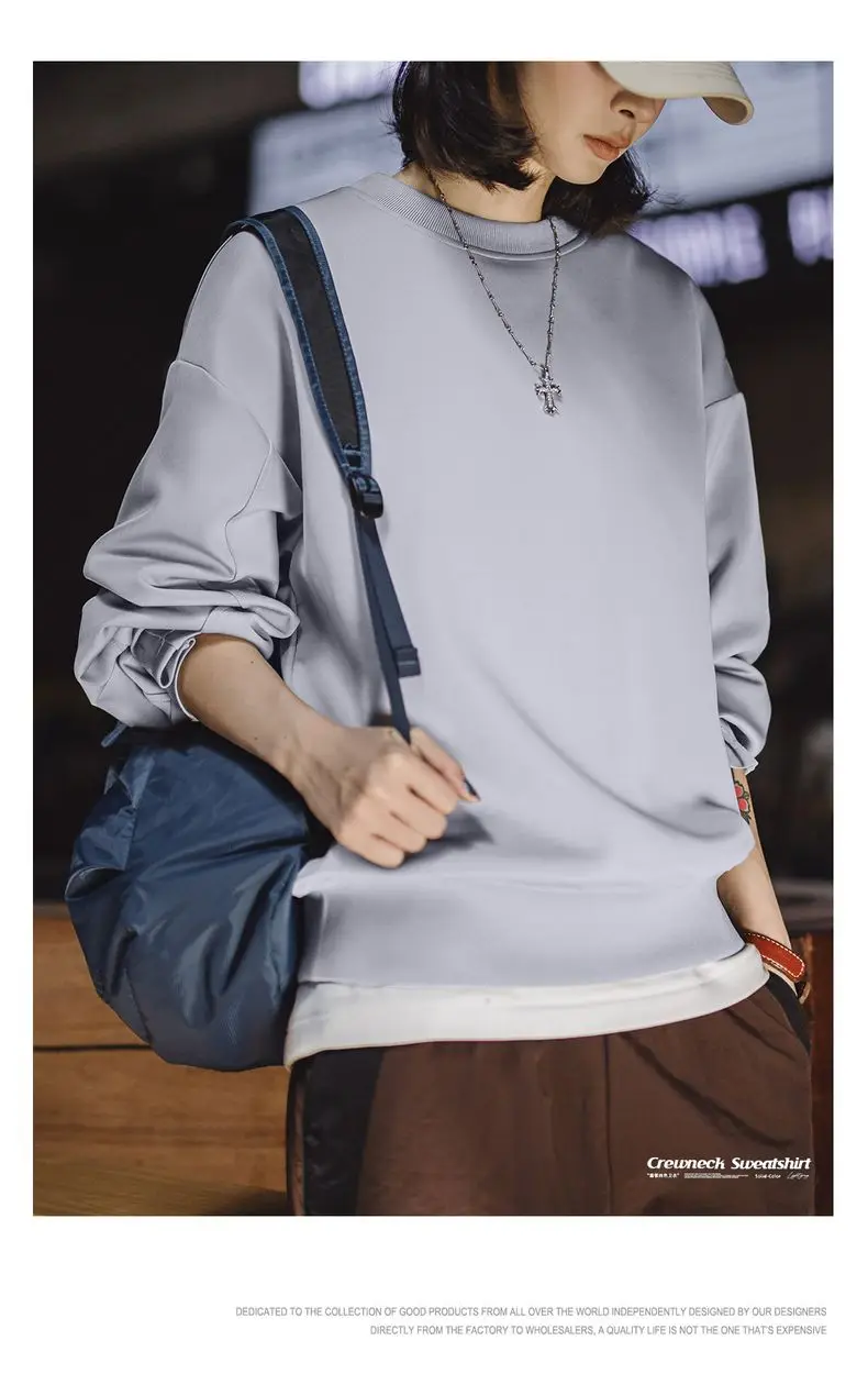 Maden Women's Loose Pullover Sweatshirt Women Air Layer Fabric Drop Shoulder Casual Long sleeve Top Light Gray for Autumn