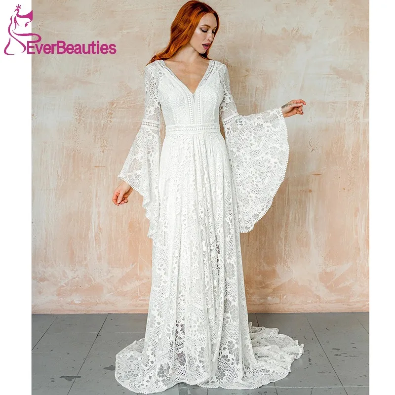 

Женское кружевное свадебное платье, элегантное белое платье с длинными рукавами и V-образным вырезом, современное пляжное платье невесты, 2023