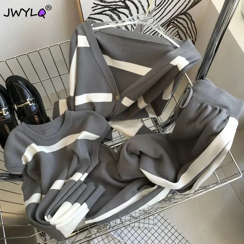 

Women Three Piece Set 2023 Autumn Winter Fashion Knit Long Sleeve Sweater Leisure Sweat Suit For Women Wide-leg Pants Tracksuit
