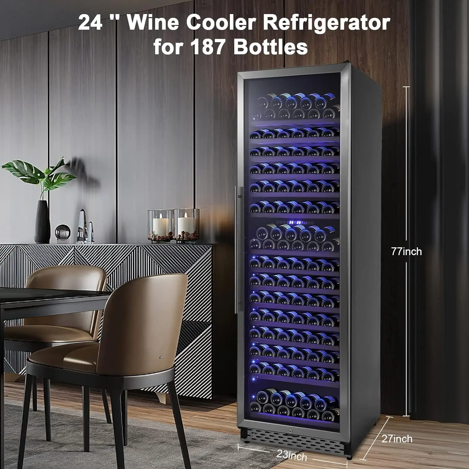 Wine Cooler Refrigerator 187 Bottles, 24 Inch Tall Wine Fridge Built-in or Freestanding Cooler with Professional Compressor