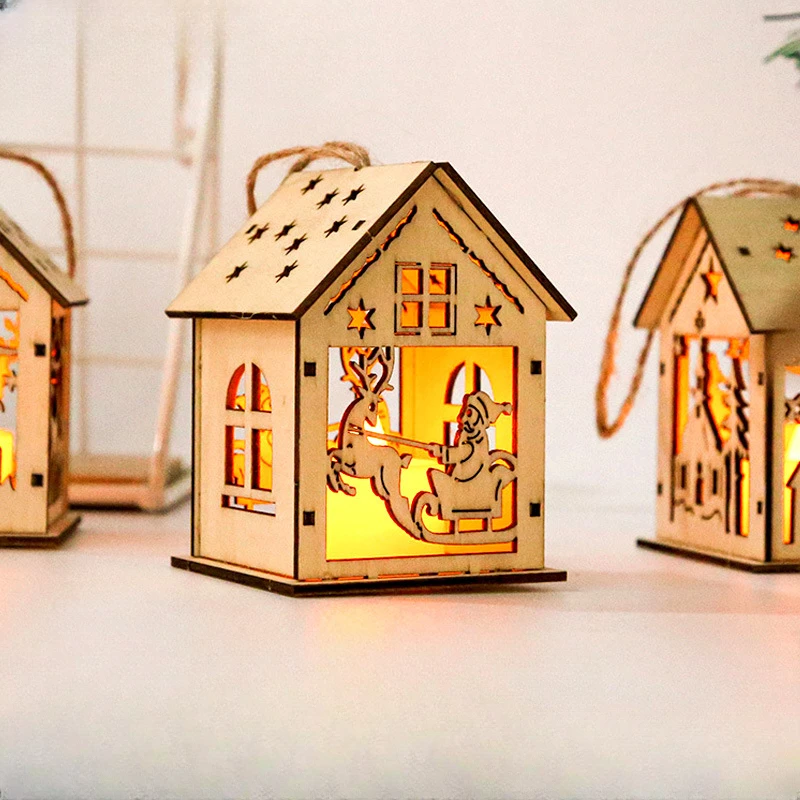 

Christmas Decorative Wooden Luminous Cabin New Hollow Christmas Decoration LED Wooden Decorative Pendant