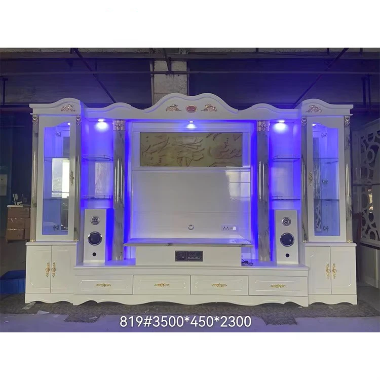 Modern Luxury Living Room Led Wall Unit Tv Cabinet Home Furniture New Design White Solid Wood Storage Display Rack Tv Stand