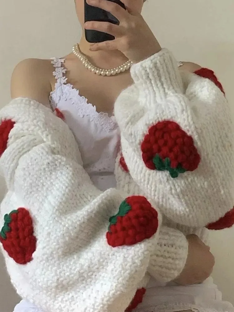 Sweet 3D Fruit Strawberry Hand Made Crochet White Cardigan