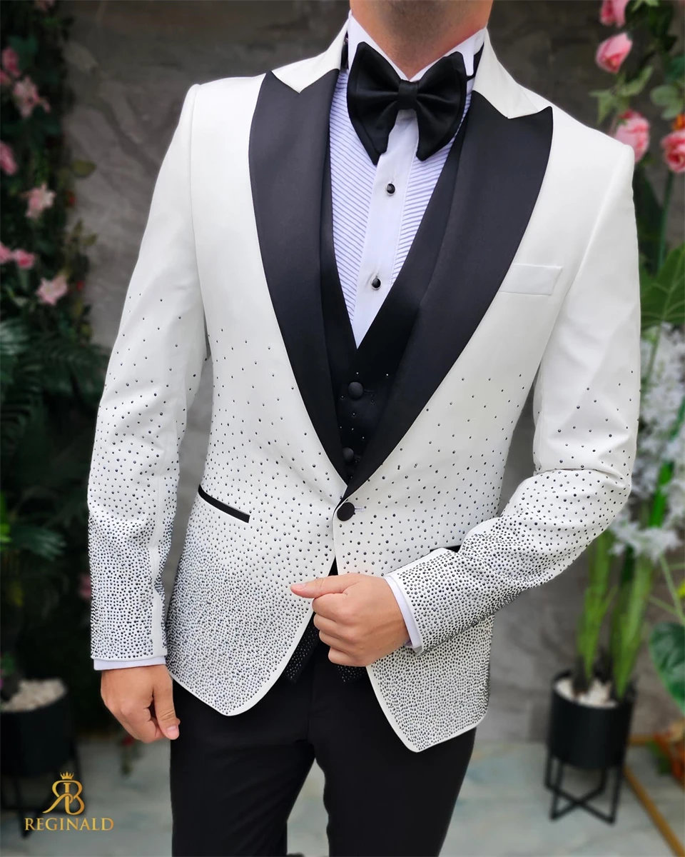 Luxury Beaded Men Suits for Gentleman Slim Fit Wedding Groom Tuxedo Italian Style Male Suit Jacket with Pants Vest