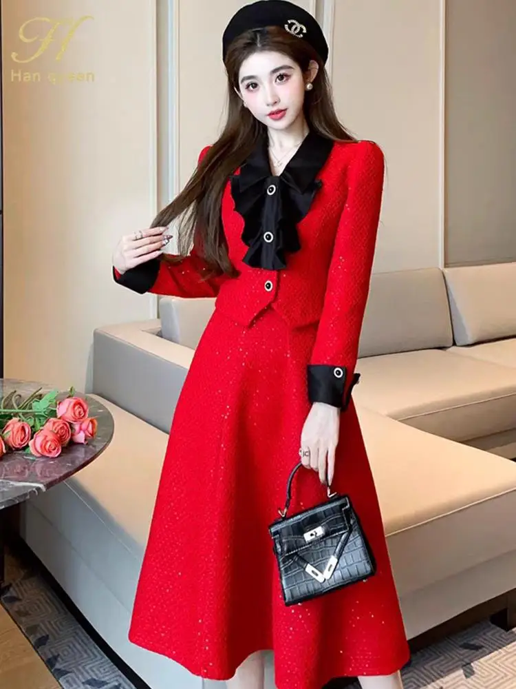 

H Han Queen 2023 Winner Skirt Set Women Elegant Korean Fashion Tweed Jacket + Long Midi Skirt Casual Evening Party 2-Piece Set