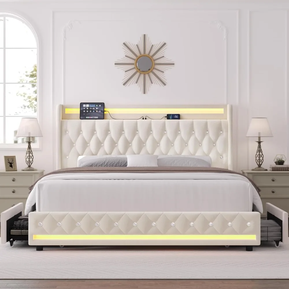 HIFIT Queen LED Bed Frame with Charging Station and 4 Storage Drawers, Velvet Upholstered Platform Bed with Handcrafted Crystal 4
