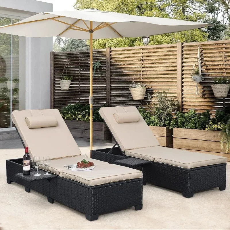 Outdoor Chaise Lounge Chairs for Outside Patio Furniture Set of 2 Wicker Recliner Black Rattan Reclining Pool Lounge Chair
