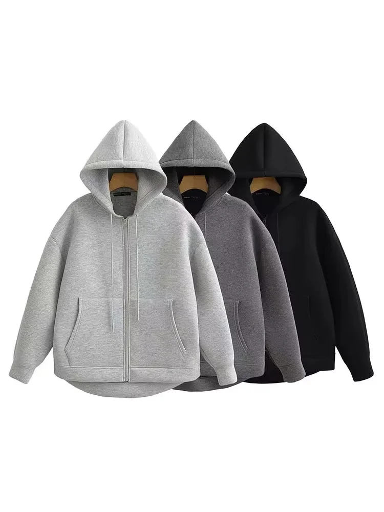 HH Spring Autumn Women Casual Street Loose Oversize Sweatshirts Hooded Zipper Hoodie Jacket Coat Solid Women Outwear Top
