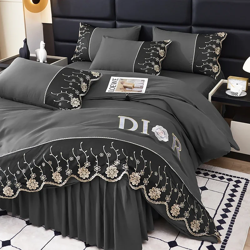 

Light luxury European-style brushed embroidered lace bedspread four-piece set solid color bed skirt four-piece set