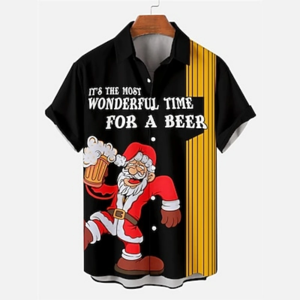 

Santa Claus Beer Casual Men's Shirt Daily Wear Going out Weekend Autumn Turndown Short Sleeves Shirt Christmas