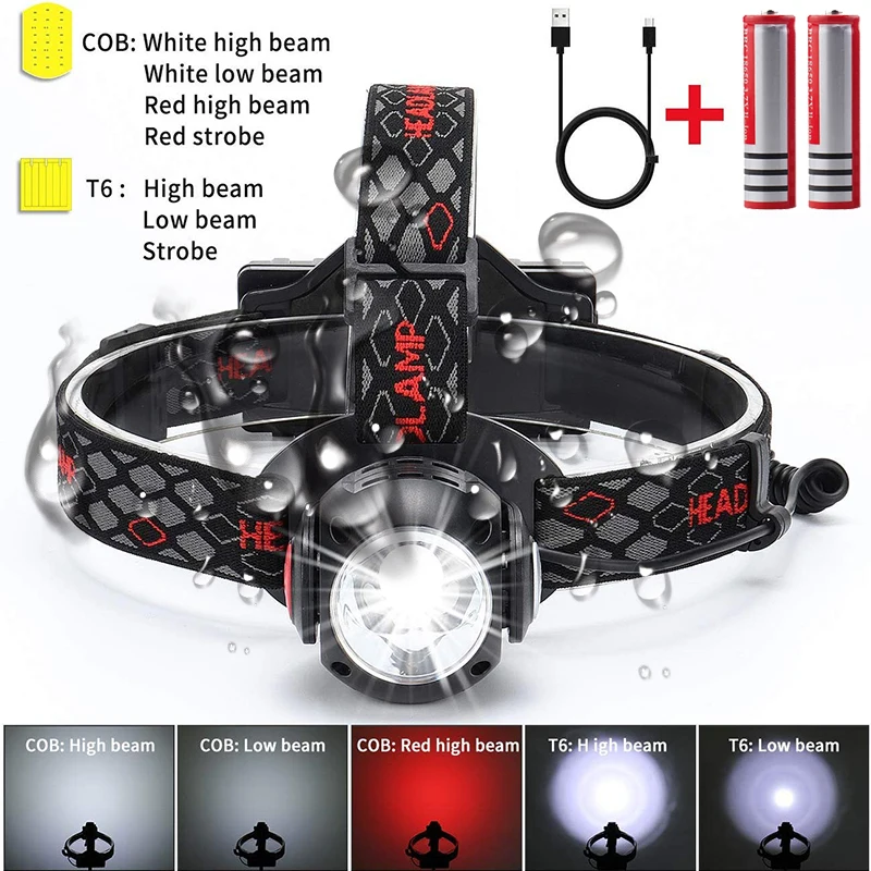 

Adjustable Outdoor Headlamp USB Rechargeable Headlight T+COB LED Head Light White Red Light 7 Modes lamp 18650 Camping