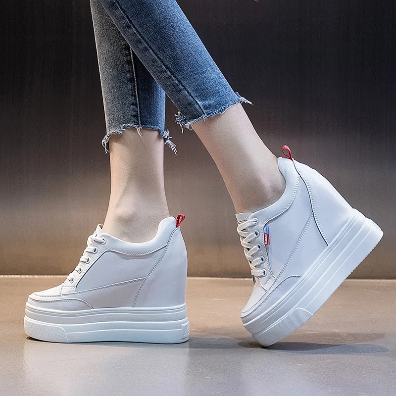 

Genuine Leather Women's Vulcanize Shoes Platform 11CM Casual Sneakers Increased Fashion Comfort Ladies High Heels New