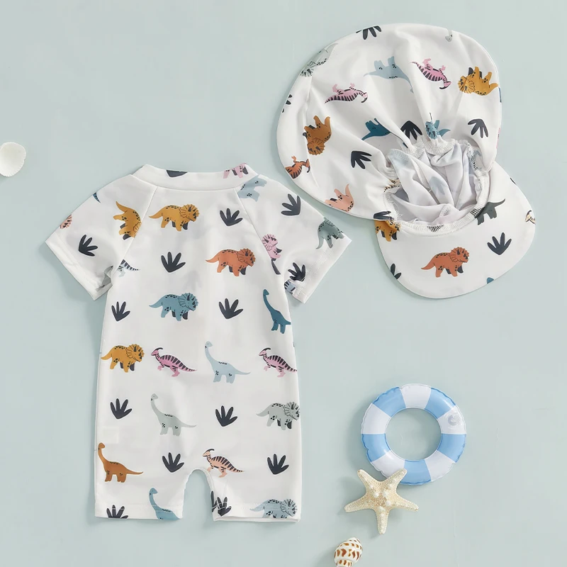 Citgeett Summer Toddler Boys Swimsuit Playsuits Cartoon Print Zipper Short Sleeve Bathing Suit Cap Clothes