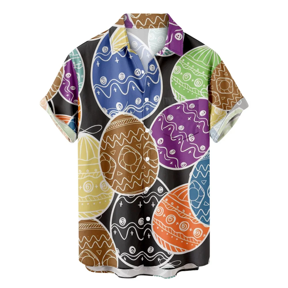 thumbnail image 1 of Camisas hawaianas divertidas de Pascua para hombres, camisas con botones y estampado de huevos de conejo, ropa informal de verano para fiestas en la playa, 1 of 5