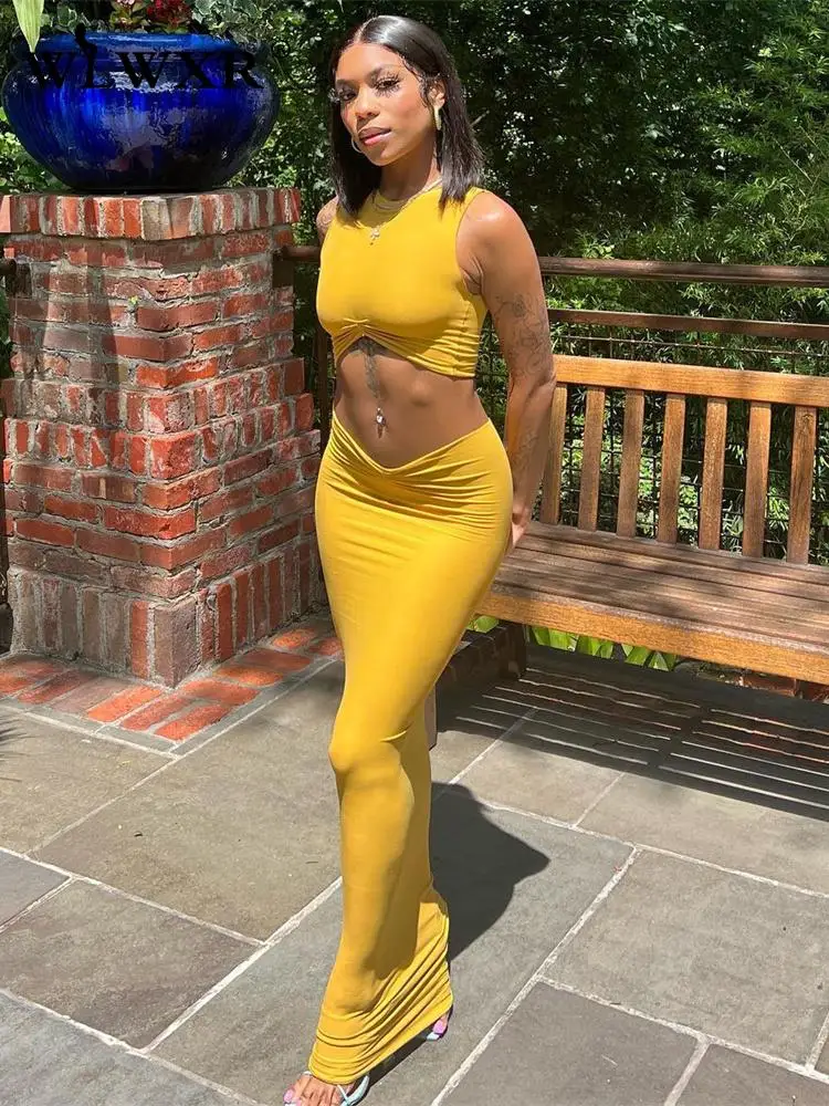 

WLWXR Summer Two Piece Set Women 2022 Sleeveless Crop Tops And Long Dress 2 Two Piece Sets Women Club Outifits Matching Sets