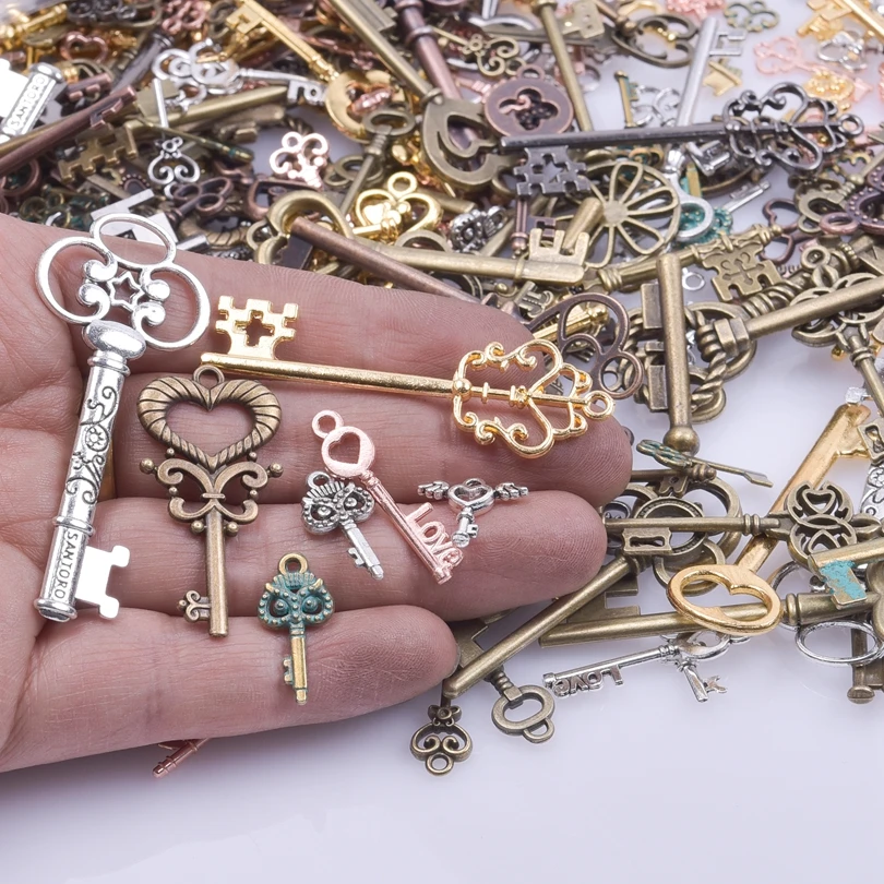 50PCS/Lot Bulk Random Mix Vintage Style Key Alloy Pendant Charm Connecting For Jewelry Women Making DIY Handmade Accessories