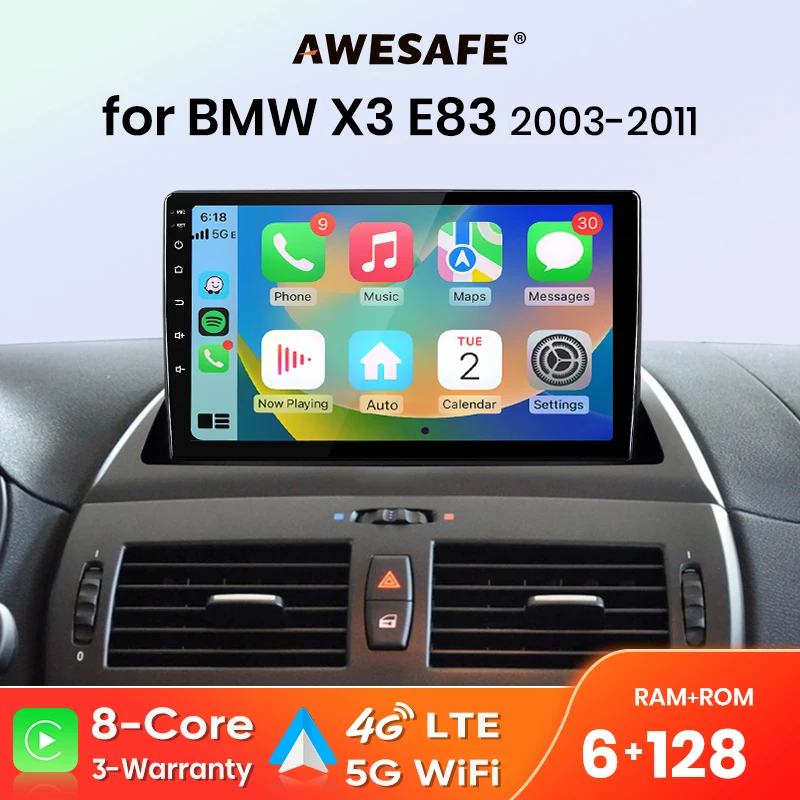 Radio AWESAFE con CarPlay y Android Auto inalámbrico para BMW X3 E83 2003 2004 2005-2011, Plug & Play, FM, BT, RDS, DSP, 4G, GPS, SWC, Multimedia 1