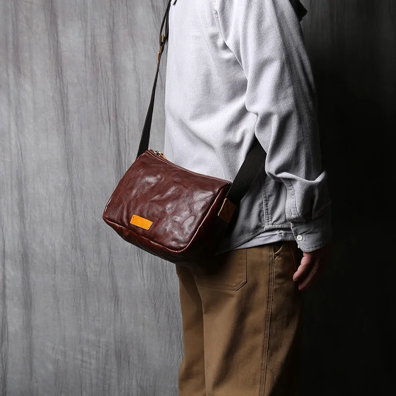 NZPJ Retro Men's Shoulder Bag Vegetable Tanned Top Layer Cowhide Messenger Bag Casual And Fashionable Men Bag  For 8 Inch iPad