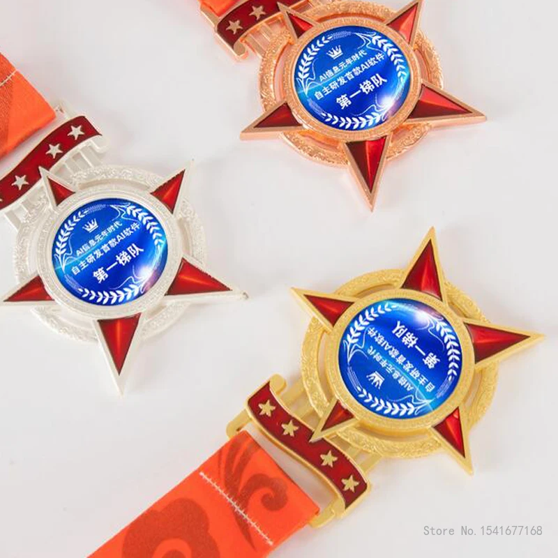 Customized Five Pointed Star Metal Medal, Gold Silver Copper, Creative Home Decor Award Commemorative Hang your neck plaque, 1Pc