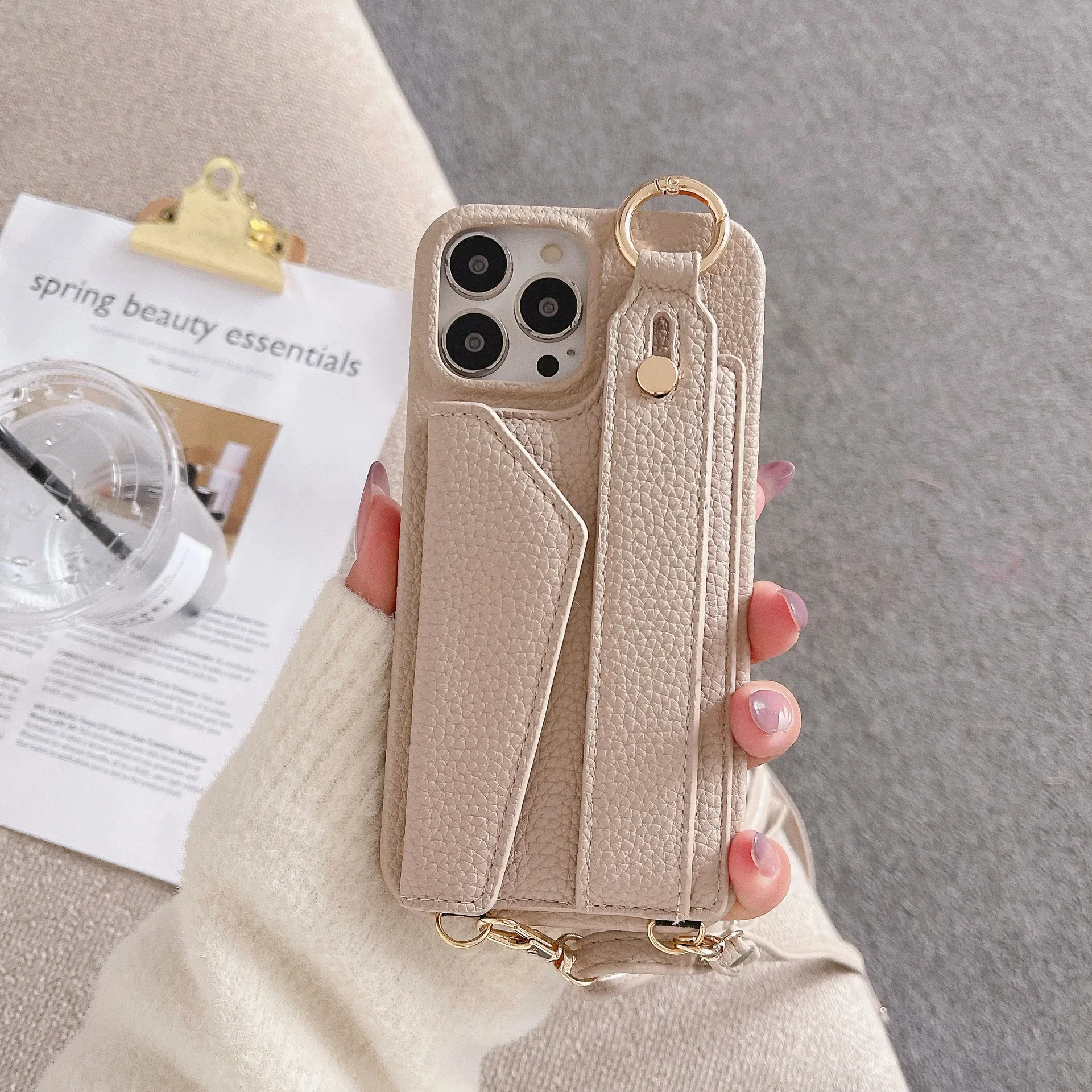 Luxurious Leather Crossbody Wristlet Phone Case with Card Slot and Lanyard