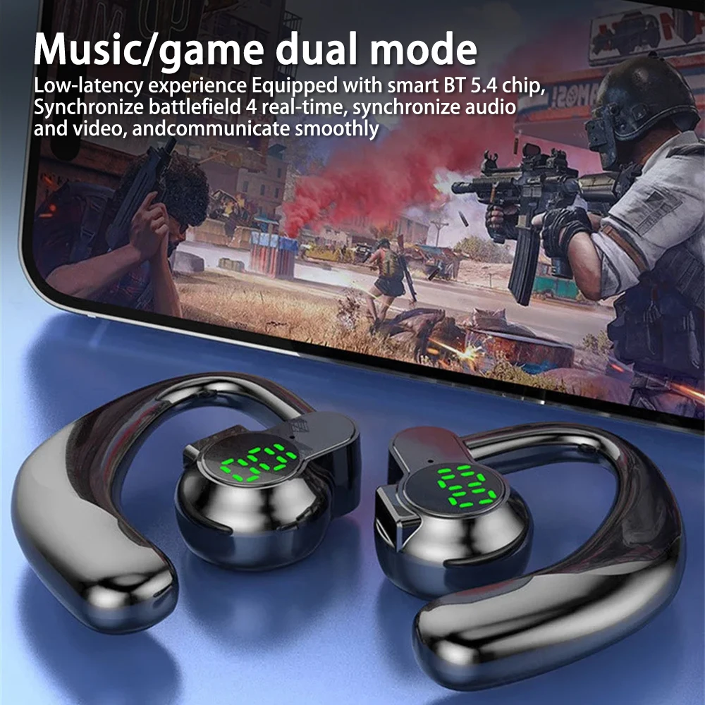 New 180°Wireless Headphone Bluetooth 5.4 Handsfree Noise Canceling Rotatable Sport Digital Display Earphones Single Ear Earhook 6