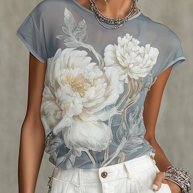 Elegante Damen-Bluse mit Blumenmuster, Transparente Weiße Pfingstrosen-Netzbluse, Kurzarm-T-Shirt, Lässiges Sommer-Chiffon-Oberteil 2026 Neu