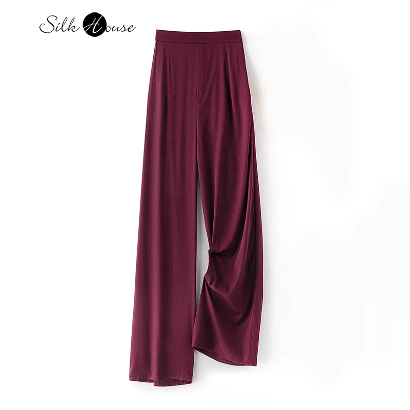 

2023 Women's Fashion New Elastic Silk Heavy Crepe Natural Silk Casual Purple Red Diamond Checked Flat Waist Straight Leg Pants