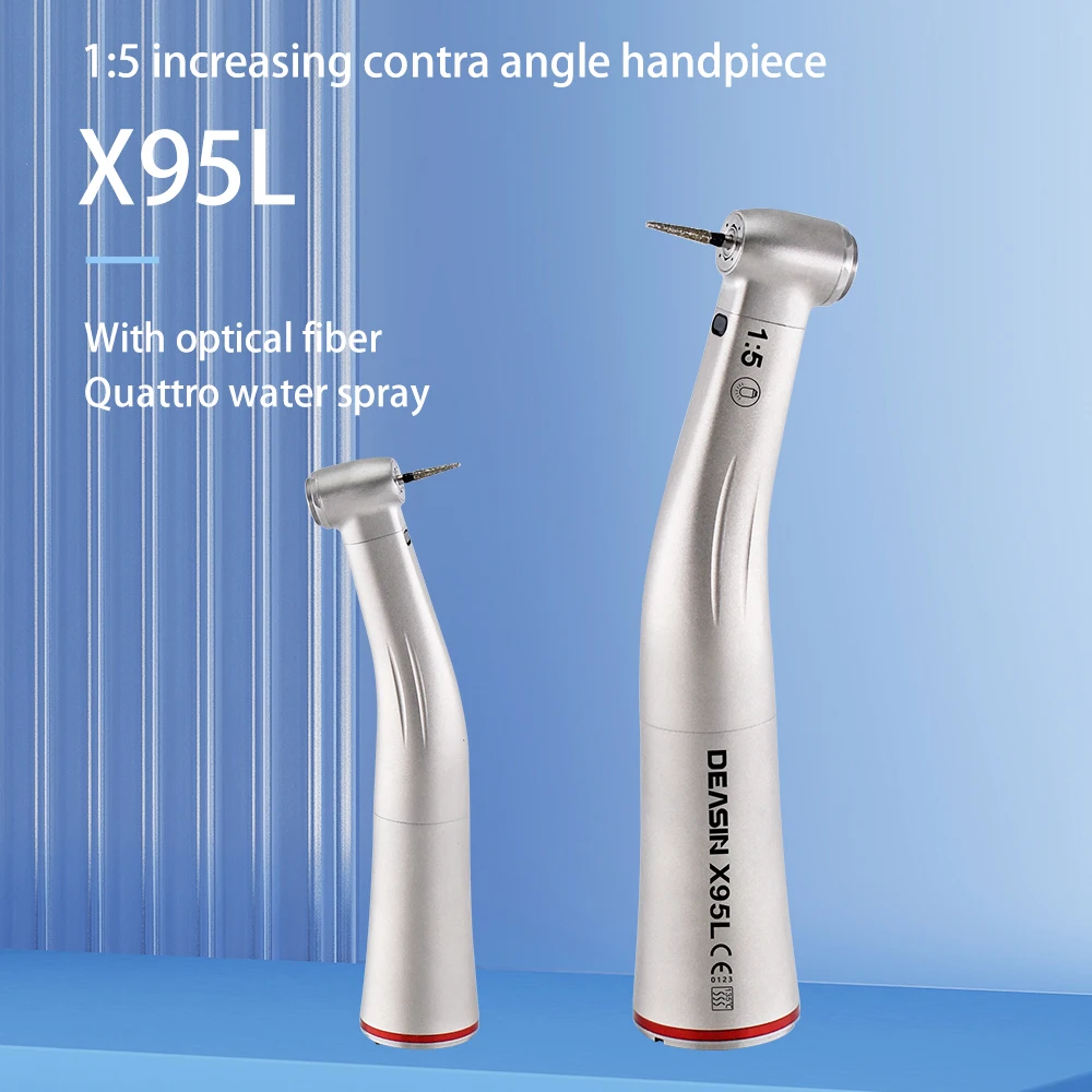 Dental 1:5 Druckknopf-Niedriggeschwindigkeits-Winkelstück mit interner Wassersprühfunktion, rotem Ring und Glasfaser für E-Typ-Motor