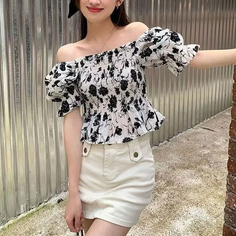 Elegant Square Collar Waist Blouse Women's Clothing Stylish Folds Puff Sleeve Summer Slim Shirring Vintage Broken Flowers Shirt