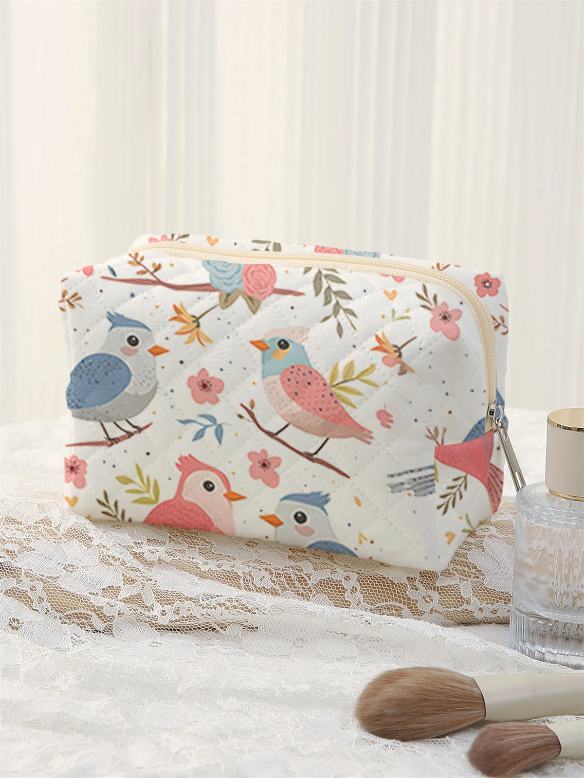 Bird pattern printed makeup bag, lightweight zipper storage bag, travel toiletries storage bag, toiletries travel bag