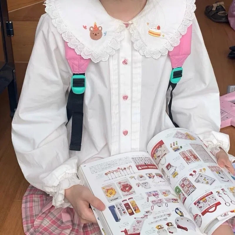 QWEEK Kawaii Women's Blouse Japanese Sweet Cute White Shirt Loose Harajuku Puff Long Sleeve Top Button Up Korean Style Clothes