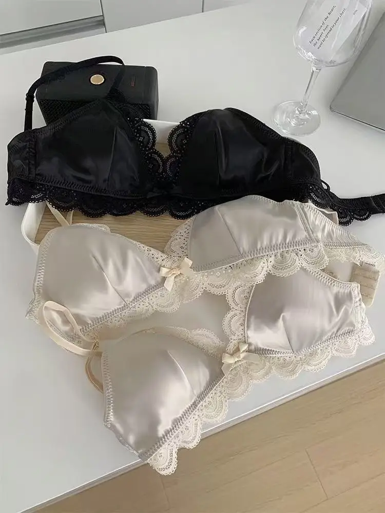 Korean Style Triangle Cup Push Up Lace Bow Bra image 7
