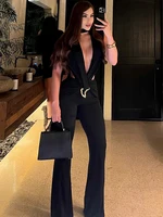Nibber Metal Trim Jumpsuit Women Ruched Sexy Waistless Cross Hollow Bandage Coquette Midnight Workout Hipster Stretch Overalls