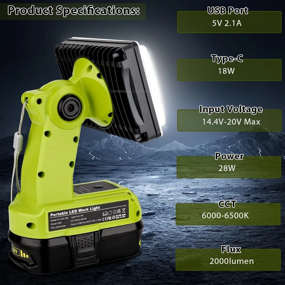 Cordless Led Work Light Compatible with Ryobi 18V Battery Rechargeable Jobsite L