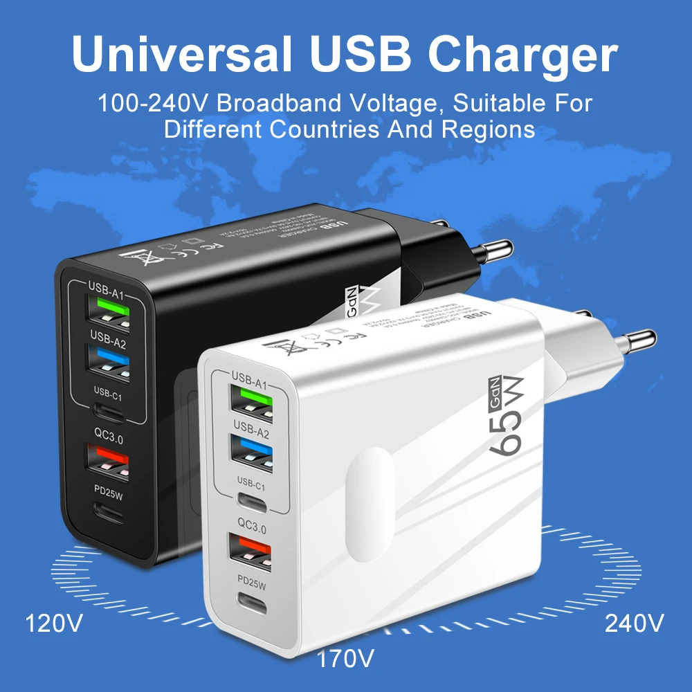 GaN Charger 65W USB PD Muti Plugs Ports Fast Quick Charging Charger Mobile Phone Type C Wall Adapter for IPhone Xiaomi Samsung