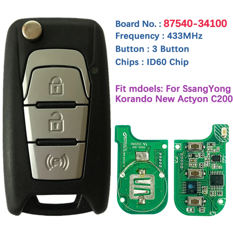 CN096003 Original PCB 3 Button Flip Key For Ssangyong Korando Actyon C200 Remote Frequency 433 MHz ID60 Chip 87540-34100