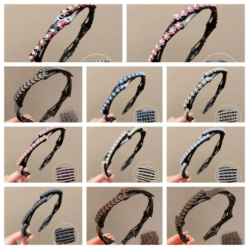 Portable Foldable Rhinestone Headband Flower Extendable Pearl Hair Band Women Hair Hoop Thin Travel