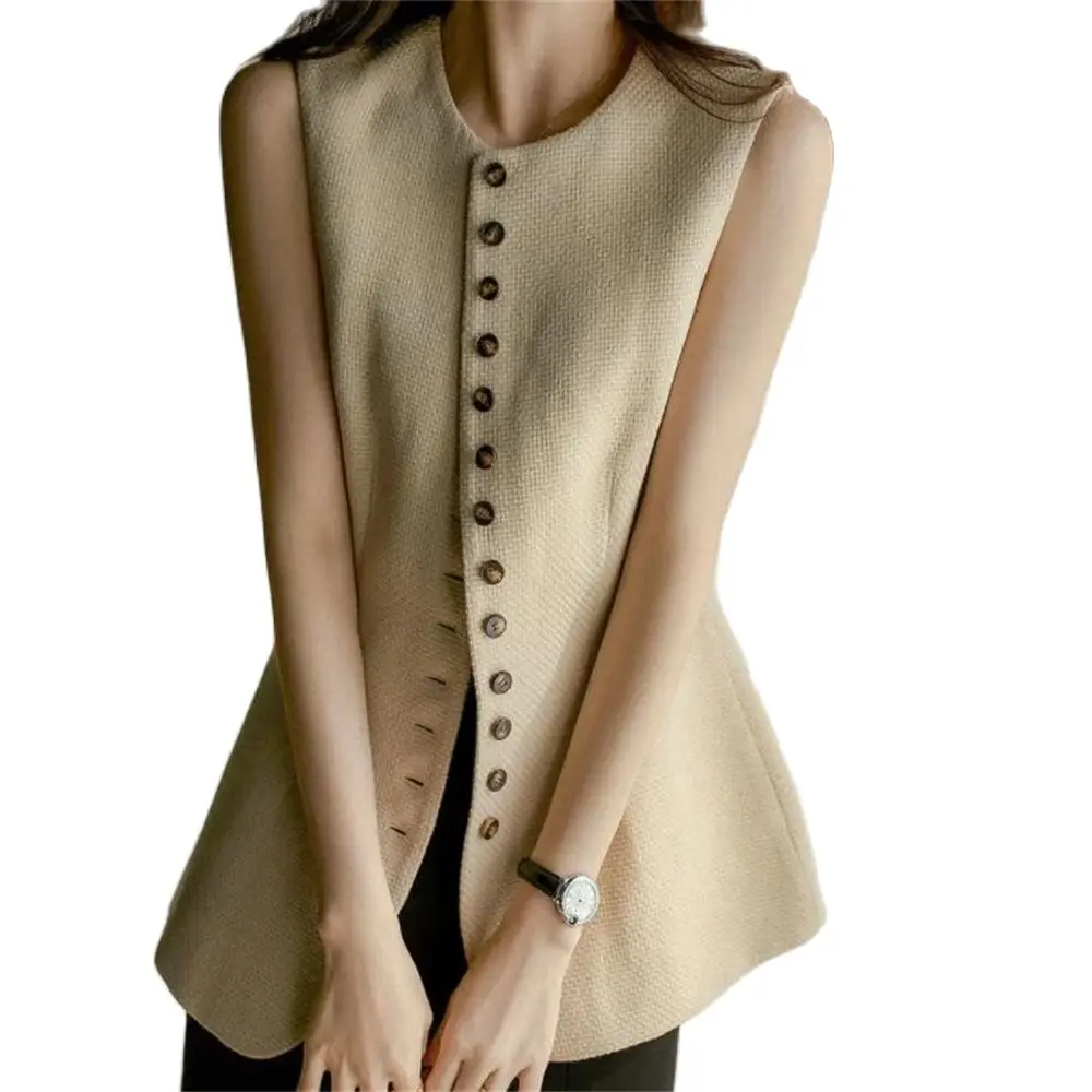 

Vintage Women Vests 2024 Spring Single Breasted O Neck Sleeveless Outerwear Jackets Streetwear Elegant Beige Ladies Waistcoat